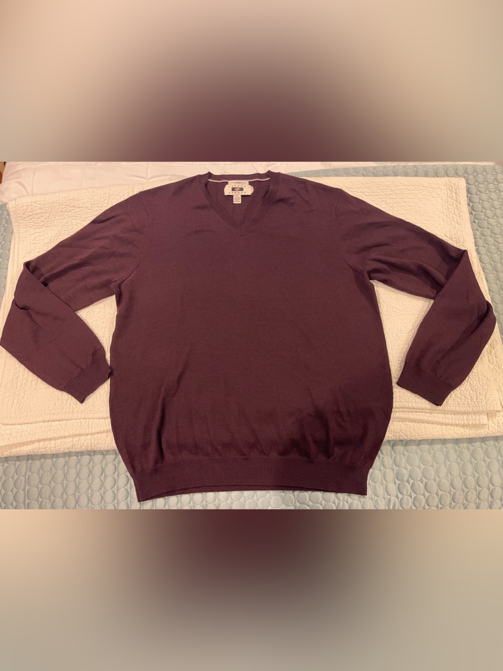 Joseph Abboud 100% Extra Fine Merino Wool Men's V-Neck Sweater Plum Brownish XL